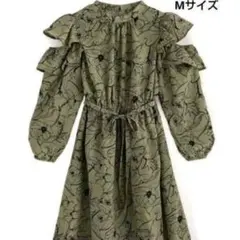 GRL リボンベルト付き花柄ショルダーオープンフリルワンピース カーキ