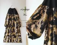 新品値引き　3L黒キーネック*プリントフレアロングワンピース柄　大きいサイズ