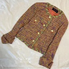 ユキトリイ ツイード ノーカラージャケット 金ボタン ９号 M相当