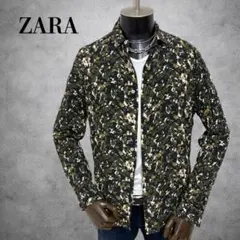 ZARA 総柄シャツ　長袖シャツ　迷彩柄シャツ　レーヨンシャツ　カモフラージュ柄