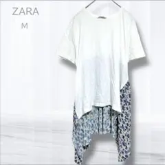 ザラ 半袖Tシャツ チュニック M ホワイト 花柄 ドッキング 体系カバー