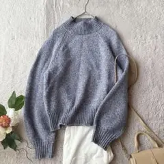 美品(S)ハイネックニット/長袖セーター/プルオーバー/青/シンプル/ブルー
