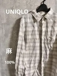 ユニクロ　リネンシャツ　グレー　チェック　麻　L