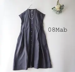 新品値引 08Mab*夏 ブラック黒*ギャザー切替半袖ワンピース 麻1171