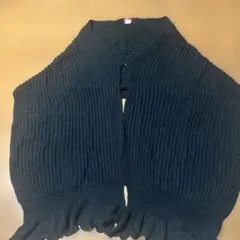 【美品】ブラックストール ラメ入りリブ編み マフラー フリンジ ボタン付き
