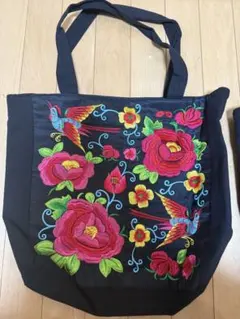 メキシコ花柄刺繍トートバッグ 黒