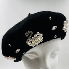 パール装飾のベレー帽 ブラック