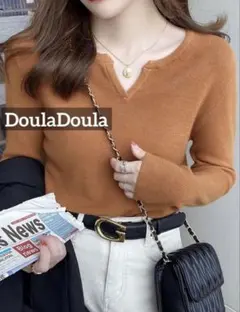 DoulaDoula キーネックリブニット オレンジ