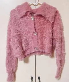 ビジューボタン　シャギーニットカーディガン　ショート丈　ピンク