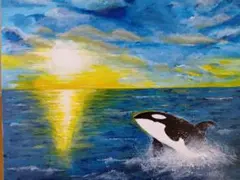 オルカと夕日のアクリル画　シャチ