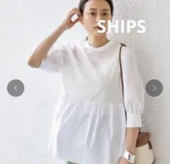 SHIPS 2WAY パールモチーフ異素材コンビブラウス