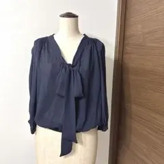 [美品]ZARA ザラ　ボウタイ　リボン　ブラウス　ネイビー　シアー　シースルー