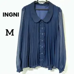 INGNI　袖シアー プリーツ 長袖 シャツ ブラウス　ネイビー　M