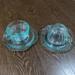 レア 美品ウランガラス ディプレッショングラス カップ&ソーサー 2組 美品⭐︎レア⭐︎ウランガラス ディプレッショングラス カップ