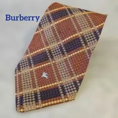 ​美品 バーバリー ネクタイ ホースロゴ 刺繍 チェック シルク ブラウン 紺