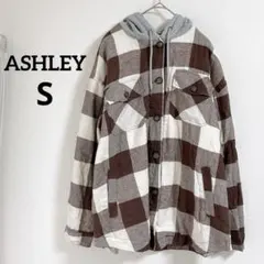 ASHLEY【S】フード付きボアジャケット ブロックチェック 茶白 厚手