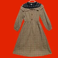 magic sound 肩シースルー長袖チェック柄ロングワンピース　ベージュ　L