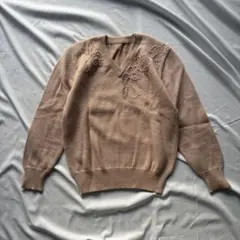 Vネック ニット ピンクベージュ レース刺繍 古着女子 きれいめ