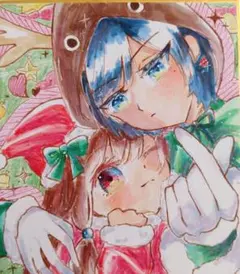オリジナル手描きイラスト　クリスマス　サンタ&トナカイ　一点物