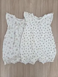 プティマイン 花柄・ハート柄ロンパース2点セット