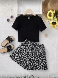 セットアップ　半袖　ショートパンツ　黒　ブラック　花柄　女の子