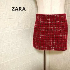 ZARA ツイード キュロット ミニスカート チェック柄 レッド 赤 可愛い S