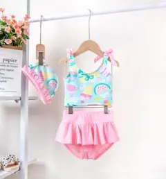 サマー柄90cmベビービキニ水着セパレート水着　帽子付き３点セット　キッズ水着