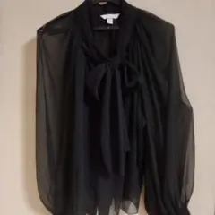 黒 ボウタイ付き シアー長袖ブラウス