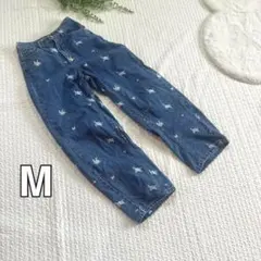 花柄　刺繍　デニムパンツ　ワイド　バレルレッグ　Mサイズ　ウエストゴム　⑩