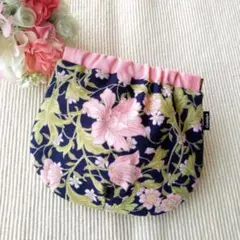 777．ハンドメイド　バネポーチ　ボタニカル　ピンク
