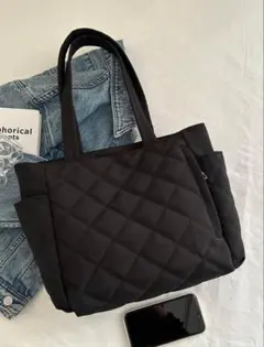【ラスト1】キルティング　トートバッグ　マザーズバッグ　ブラック　シンプル