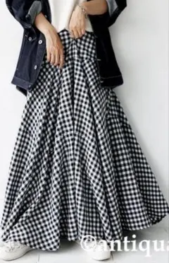 antiquaフレアロングスカート ブラック・ホワイトチェック