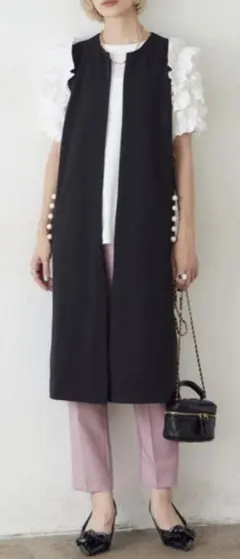 【未使用】ロングベスト ポケットパール 黒 ブラック ジレ　フォーマル　上品