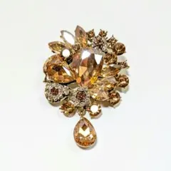 ビジューブローチ 大粒ストーン フラワー キラキラ オレンジ アンティーク調