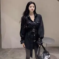 シャツワンピ ワンピース 黒 韓国 秋 ゆるかわ 長袖 ウエストベルト 新作