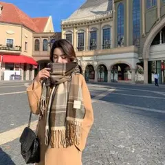 ブラウン　ストール　チェック　マフラー　膝掛け　ブランケット　小顔　大判　韓国