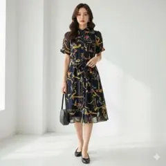 《美品》ロイスクレヨン 総柄シャツワンピース M チェーン クマ柄 フレア 春夏