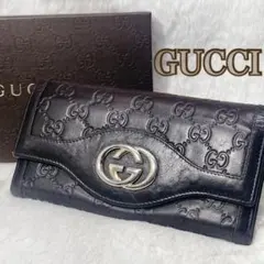 GUCCI インターロッキングG シマレザー 長財布 ダークブラウン
