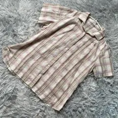 専用 SIMPLE LIFE 半袖シアーコットンチェックシャツ ベージュ系 M