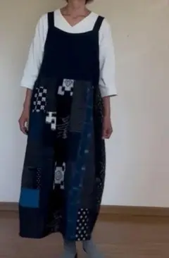 藍染め古布リメイク　パッチワーク サロペット