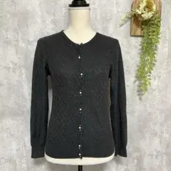 【組曲】ニットカーディガン ビジュー 羊毛 アンゴラ混 クールネック グレー L