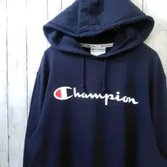 Champion ビッグロゴ ロゴ刺繍 薄手 ロンT パーカー 紺 M 古着