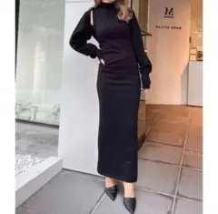 ②GYDA レイヤードショルダーオープンニットロングワンピース ブラック 秋冬