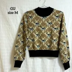 ジーユー ニットセーター カラフル 長袖 ラウンドネック 犬柄植物模様o5013