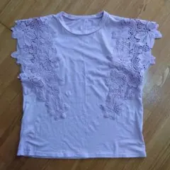 フラワースリーブカットソー綿100％ M ピンク