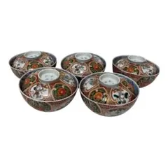 蓋つき煮物椀 5客セット 伊万里焼　染付 色絵 金彩