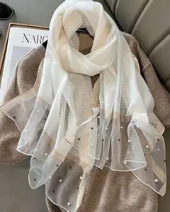 フォーマル結婚式ドレスストール薄手大判パール付パーティーショールオフホワイト