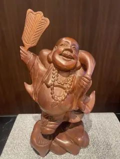 木彫り 布袋尊 布袋様 七福神 団扇 縁起物 木製 彫刻 置物 古美術