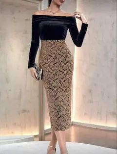 ドレス オフショルダー 花柄プリント スリットバック ベルベット