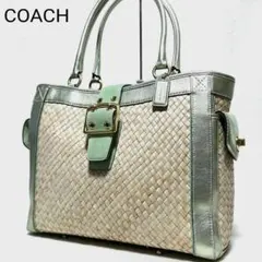 COACH かごバッグ ラフィア レザー トートバッグ ターンロック 黒 夏 